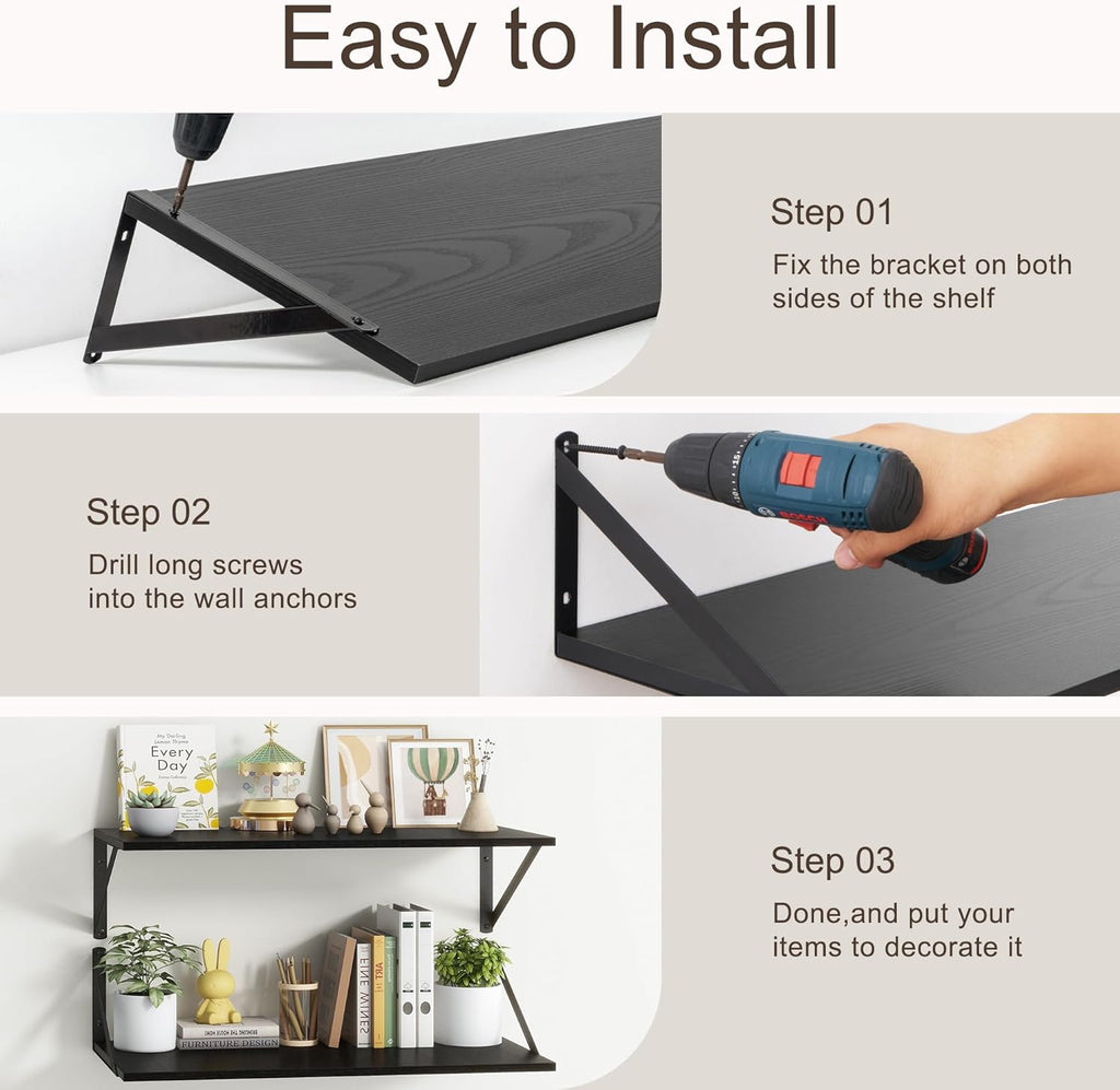 10 Inch Deep Floating Shelves, Black Floating Shelves 30 Inch Long, Rustic Wood Wall Shelves 30"W x 10"D, Deep Floating Shelf with Bracket, Wide Storage Shelves for Books, Living Room, Bathroom