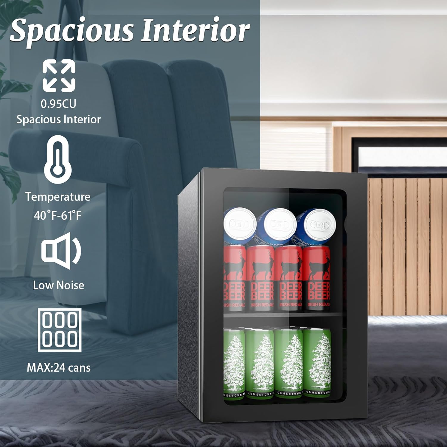 0.95 Cu.ft Mini Fridge Holds 24 Cans, Beverage Refrigerator Cooler, Solid Door, Manual Temperature Control (at the Back), Quiet Compact Drink Fridge for Soda, Beer, Wine, Office, Dorm, Bar