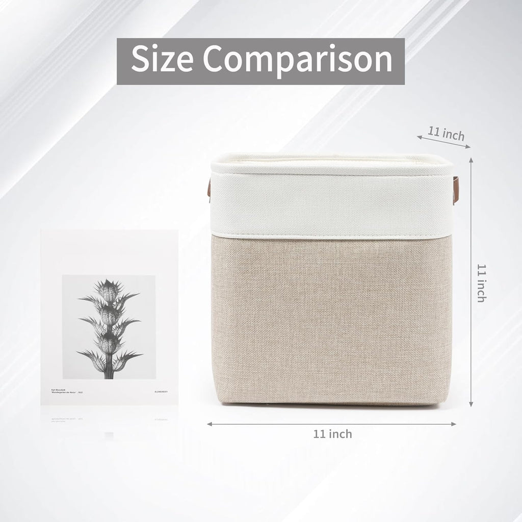 Collapsible Fabric Storage Cubes 11x11 Cube Storage Bins, 4 Pack Closet Baskets Box with Handles for Organizing, Shelf, Toys, Clothes, Home, Office, Nursery (Beige&White)