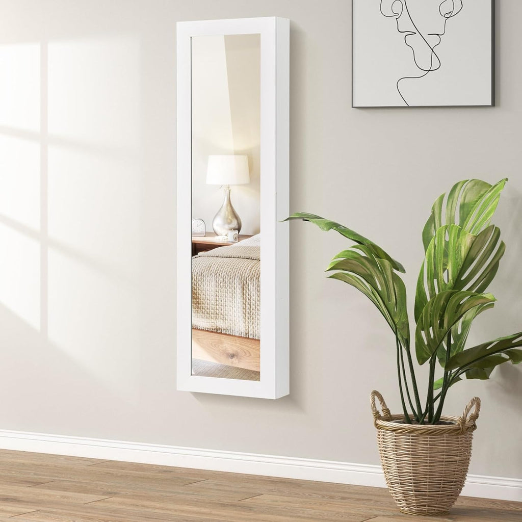 LOKO 42” Mirrored Jewelry Cabinet, Wall/Door Mounted Hanging Jewelry Armoire Organizer with Full-length Mirror, Soft Lining, 5 Storage Shelves for Accessories & Cosmetics, Christmas Gift (White)