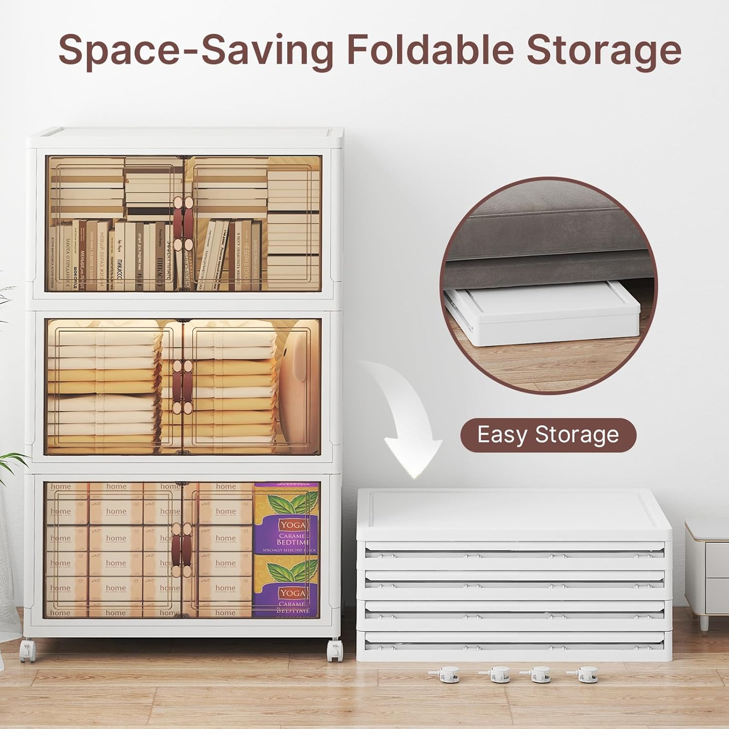 360Qt Stackable Storage Bins with Lids, 3 Pack Large Collapsible Bins with Wheels, Plastic Cabinet with Doors, Foldable Closet Organizers and Storage for Home, Dorm, Office, White