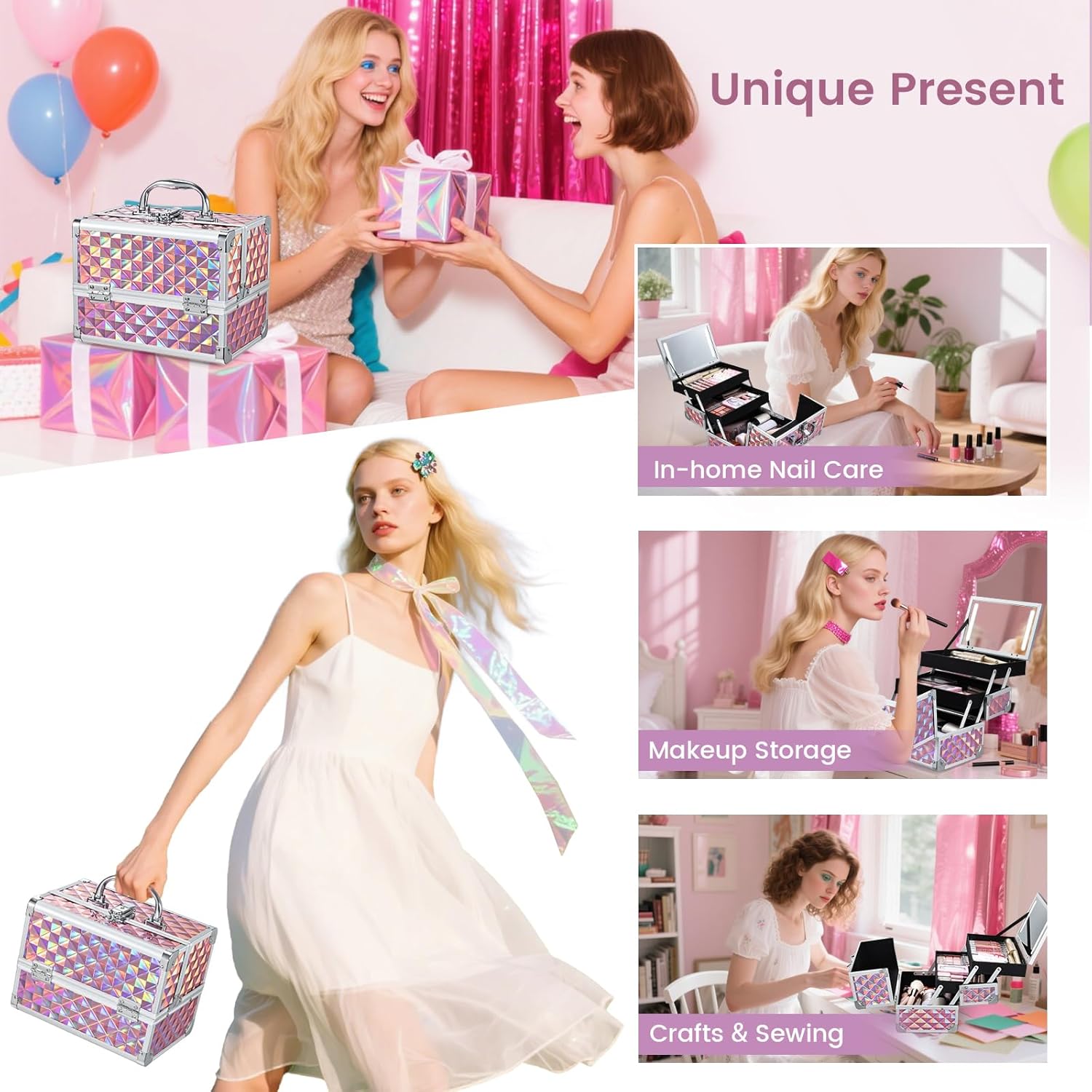 Makeup Case with Lighted Mirror Travel Makeup Organizer Box 2 Trays Lockable Cosmetic Train Case with LED Mirror for Make Up Nail Kits Sewing Vanity Storage Case Glossy Pink