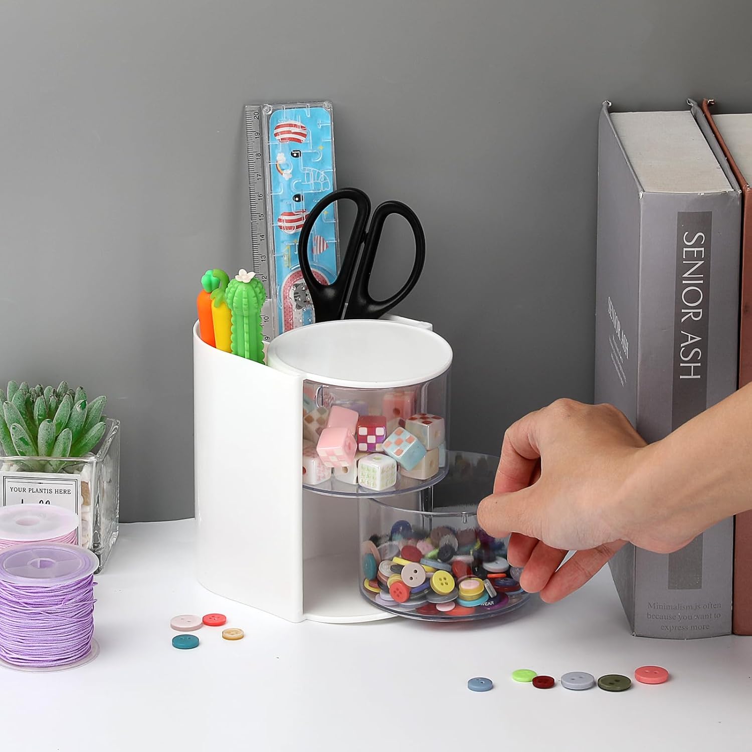 Hair Accessories Organizer with Hair Brush Holder Rotating Makeup Storage Container Plastic Desktop Storage Organizer for Hair Clip Tie, 2-Layer White