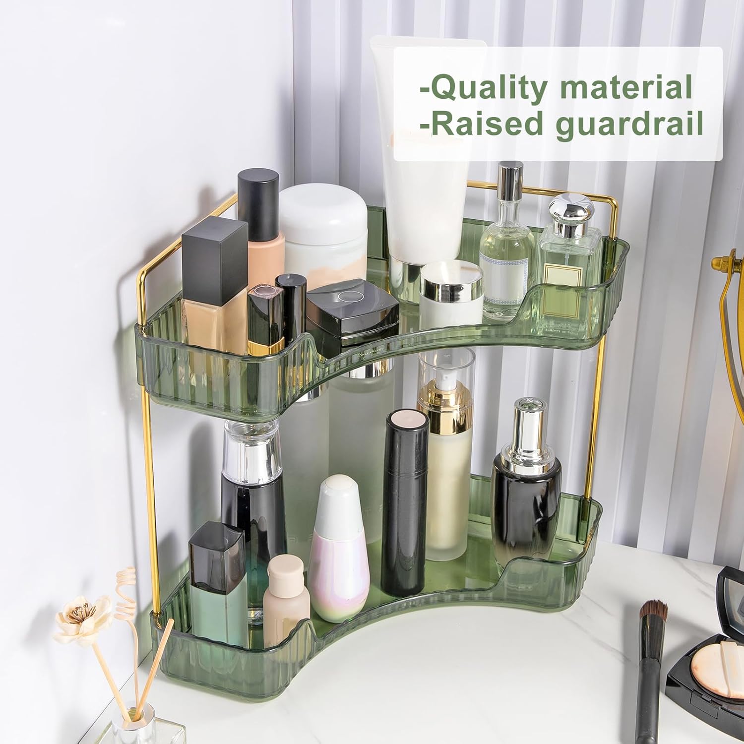 Corner Bathroom Countertop Organizer, Vanity Trays for Counter, Makeup Organizers, Perfume Tray, Kitchen Spice Rack, (Green, 2 Tiers)