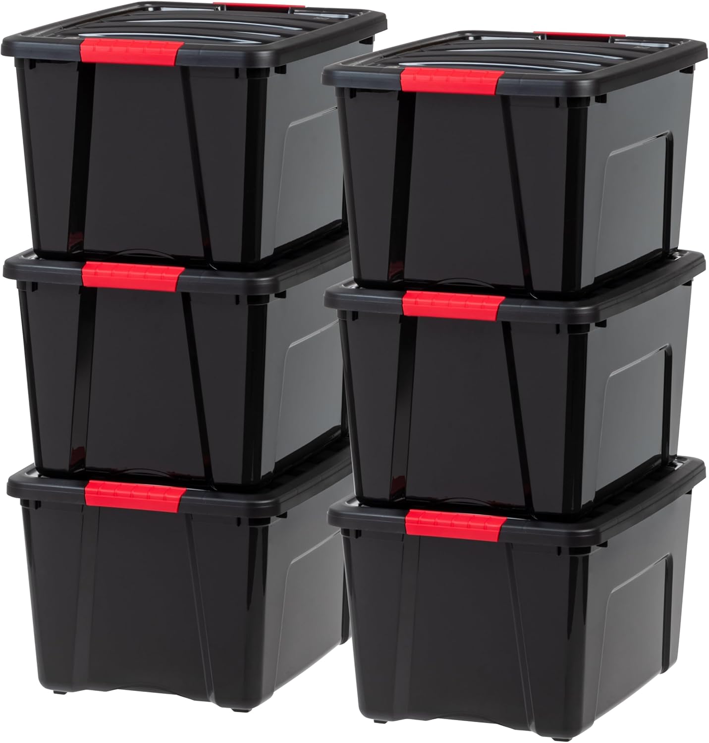 IRIS USA 40 Qt Stackable Plastic Storage Bins with Lids, 6 Pack - BPA-Free, Made in USA - Garage Organizing Solution, Latches, Durable Nestable Containers, Secure Pull Handle - Black