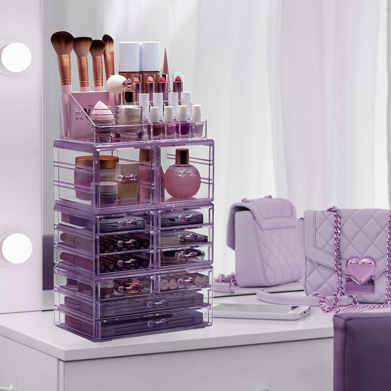 Sorbus Large Makeup Organizer - Clear Stackable Jewelry & Makeup Organizer For Vanity, Bathroom Storage, Dresser - 12 Drawers Cosmetic Beauty Organizers and Storage with Lipstick, Makeup Brush Holder