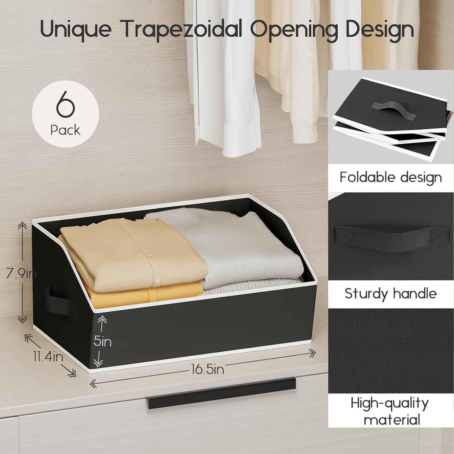 Large Closet Organizers and Storage Bins - 6 Pack Trapezoid Storage Baskets for Shelves, Foldable Fabric Baskets with Handles Ideal for Closet, Basket, Wardrobe and Shelf Storage, Black