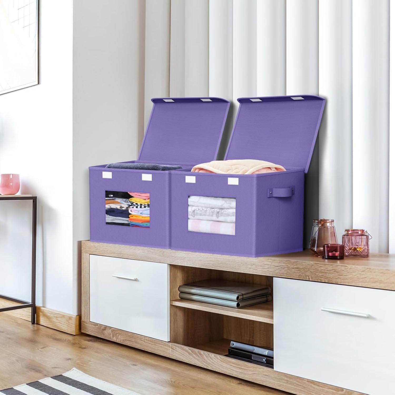 Univivi Storage Bins with Lids [4-Pack] Fabric Lidded Storage Baskets Stackable Closet Storage Bins, Closet Organizers and Storage with Lid & Clear Window for Home, Office, Bedroom (Purple)