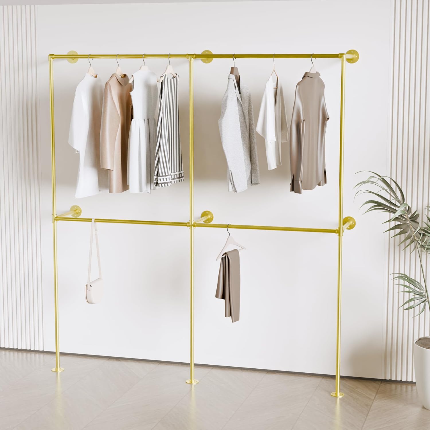 Industrial Pipe Clothing Rack, Heavy Duty Wall Mounted Clothes Rack, Retail Display Hanging Garment Rod for Laundry Rooms Closet Storage, 14.6x75x82.7 Inches, Model K09 Gold