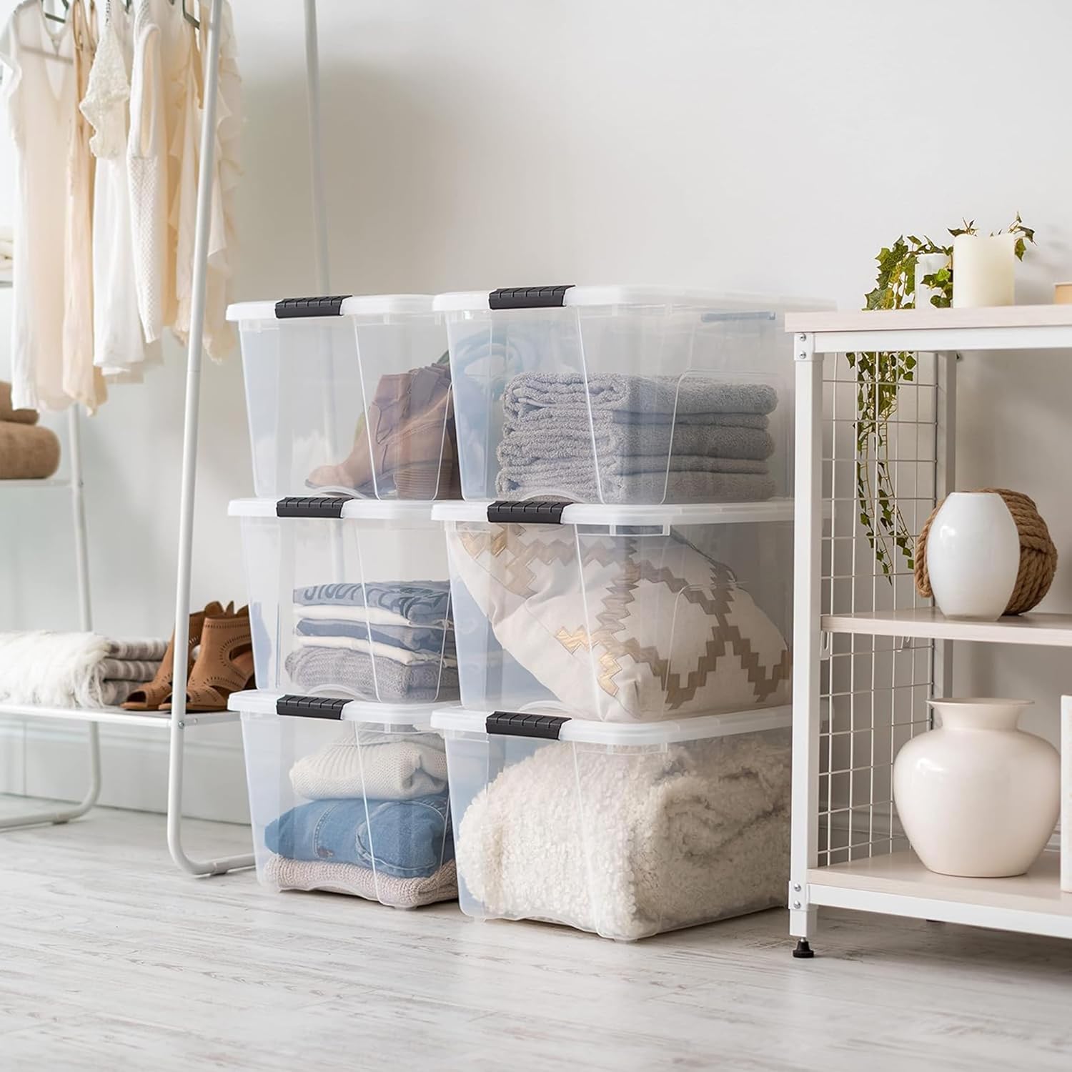 IRIS USA 40 QT Plastic Storage Box with Lid and Latches - 6 Pack - BPA-Free, See-Through Organizing Solution, Durable Nestable Stackable Containers, Secure Pull Handle - Clear