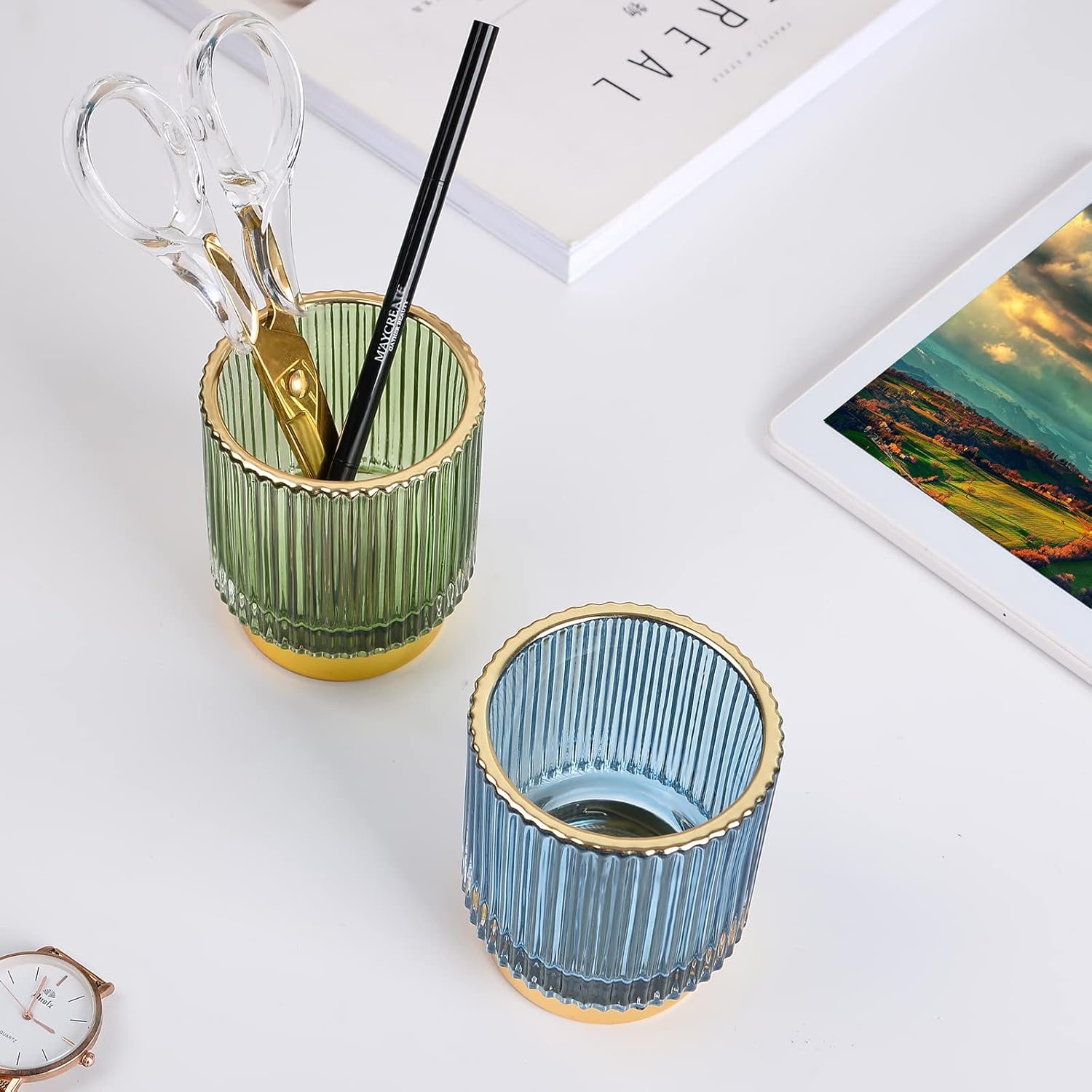 CANITORON Makeup Brush Holder,2 Pack Glass Makeup Brush Holder Organizer Store Cosmetic Tools,Eyeliner,Storage Organizer for Vanity,Bathroom and Bedroom Countertop Storage.(Green S+L)