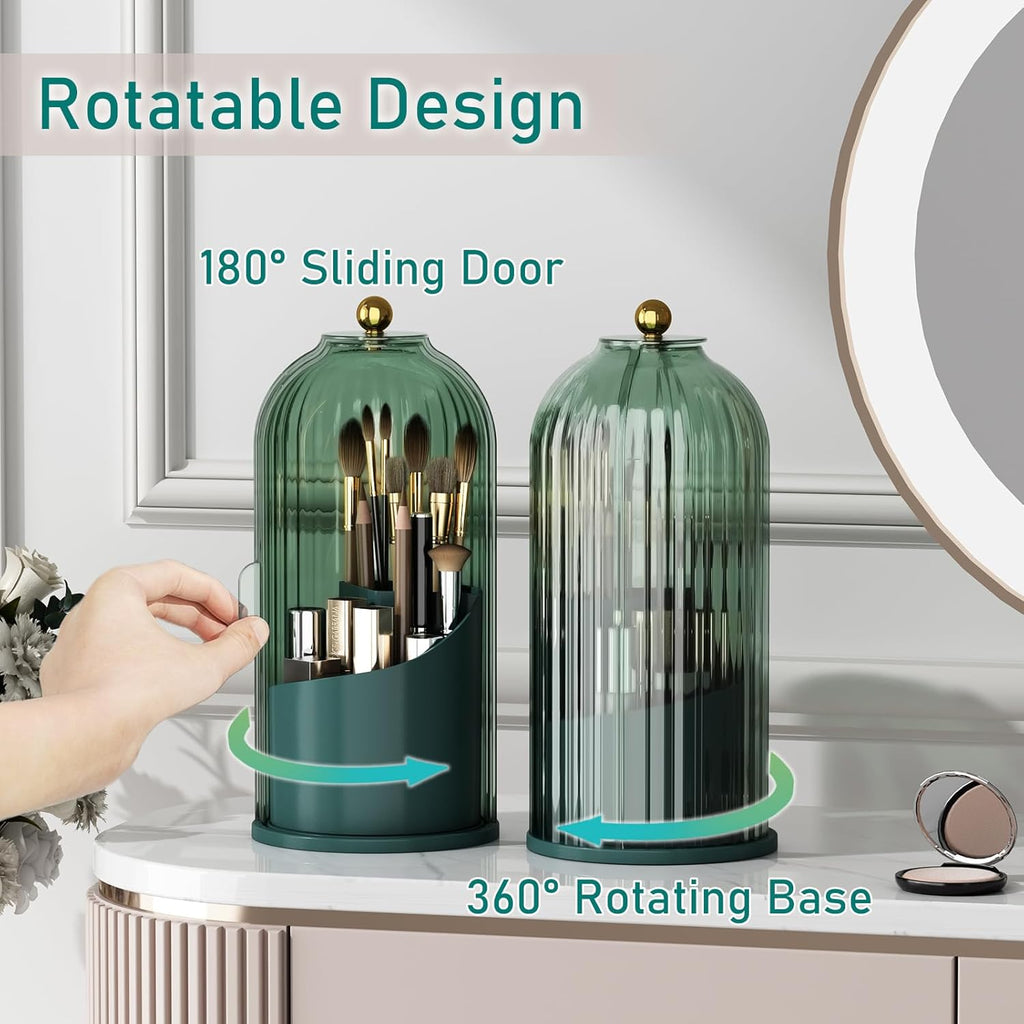 GAXmi Makeup Brush Holder with Lid Cosmetic Tools Organizer 360 Rotating Waterproof Dustproof Beauty Brushes Storage for Vanity, All Green