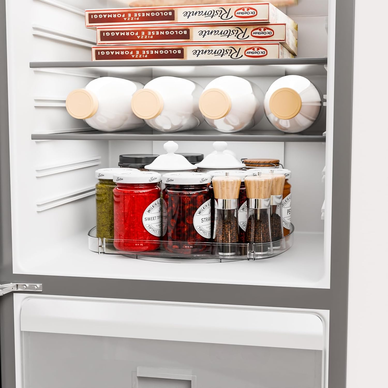 Yieach 2 Pack Rectangle Lazy Susan for Refrigerator,12″x10″ Square Fridge Turntable Organizer & Tray and 2 Tier Rotating Spice Rack for Jar,Can,Medication,Condiments,Seasoning Organizer for Cabinet