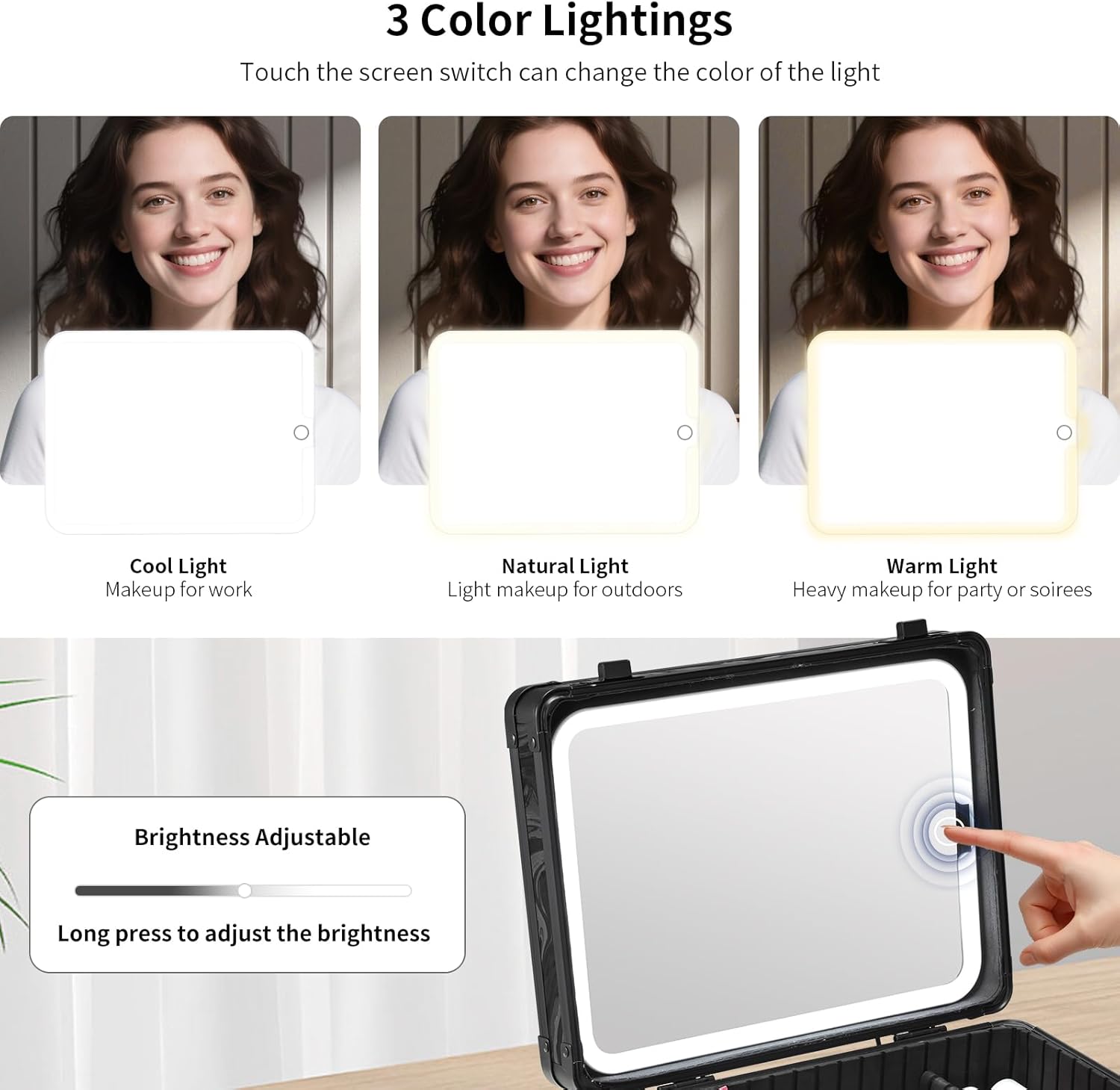 Makeup Case with LED Mirror - Black Fluid-Color Makeup Box with Detachable Lighted Mirror, Travel Cosmetic Train Case Organizer with Adjustable Dividers and Tool Panel for Brushes