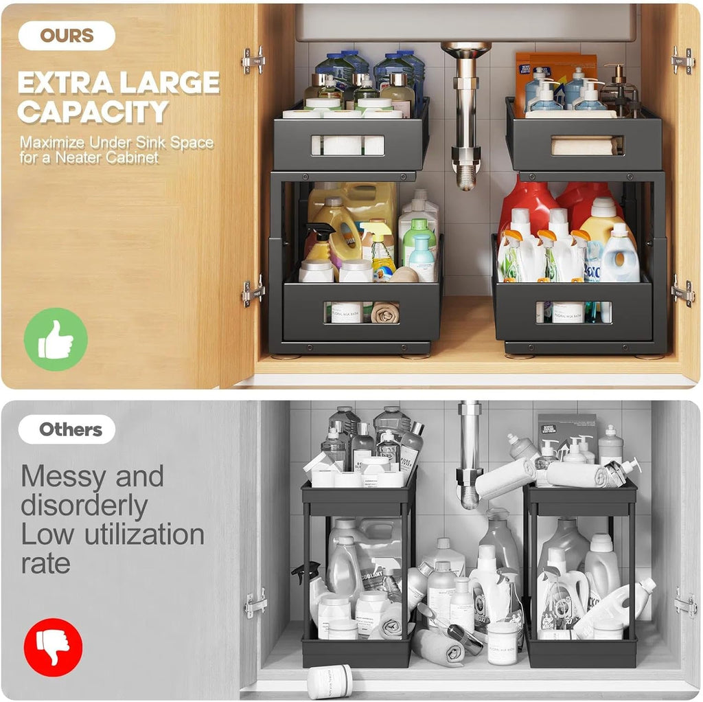 1 Pack 17IN Depth Under Sink Organizer, 2-Tier Pull Out Cabinet Organizer With Smooth Circular Rail, Large Capacity Metal Mesh Sliding Drawers For Bathroom& Kitchen Storage,Height Adjustable –Black