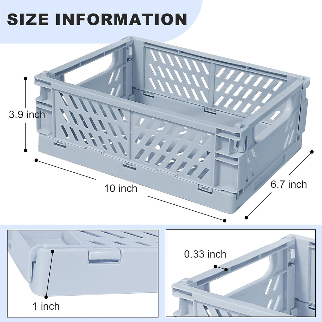 Small Pastel Plastic Storage Bins 2Pcs Foldable Pastel Crates Plastic Basket Colorful Storage Containers Baskets for Classroom Kitchen Office Bedroom Desktop Home Decor (Blue 9.8" x 6.5" x 3.8")