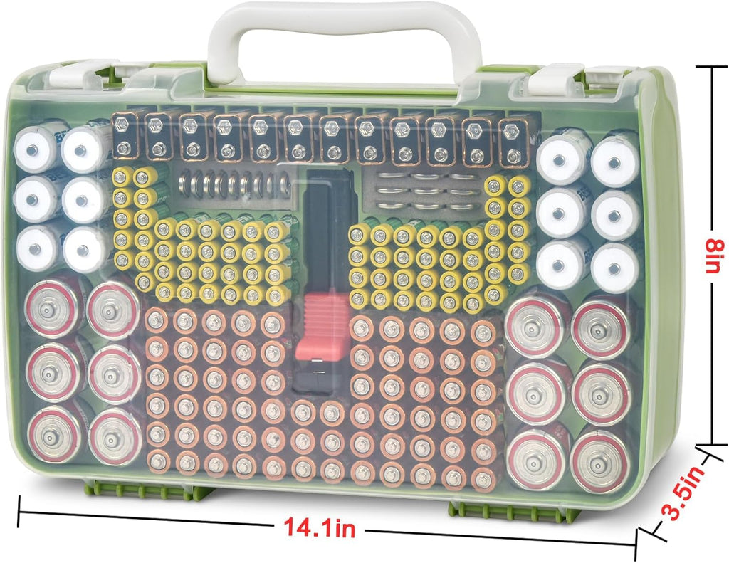 Battery Organizer Storage Holder Case with Double-Sided, Garage Box with Tester Checker. Batteries Container for 269pcs AA AAA AAAA 3A 4A 9V C D Lithium 4LR44 CR2 CR123A CR1632 CR2032 18650 -Green
