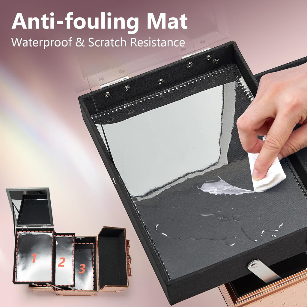 Joligrace Beauty Makeup Train Case for Lady Portable Cosmetic Box Jewelry Organizer Lockable with Keys and Mirror 2-Tier Trays Carrying with Handle Makeup Storage Box - Rose Gold