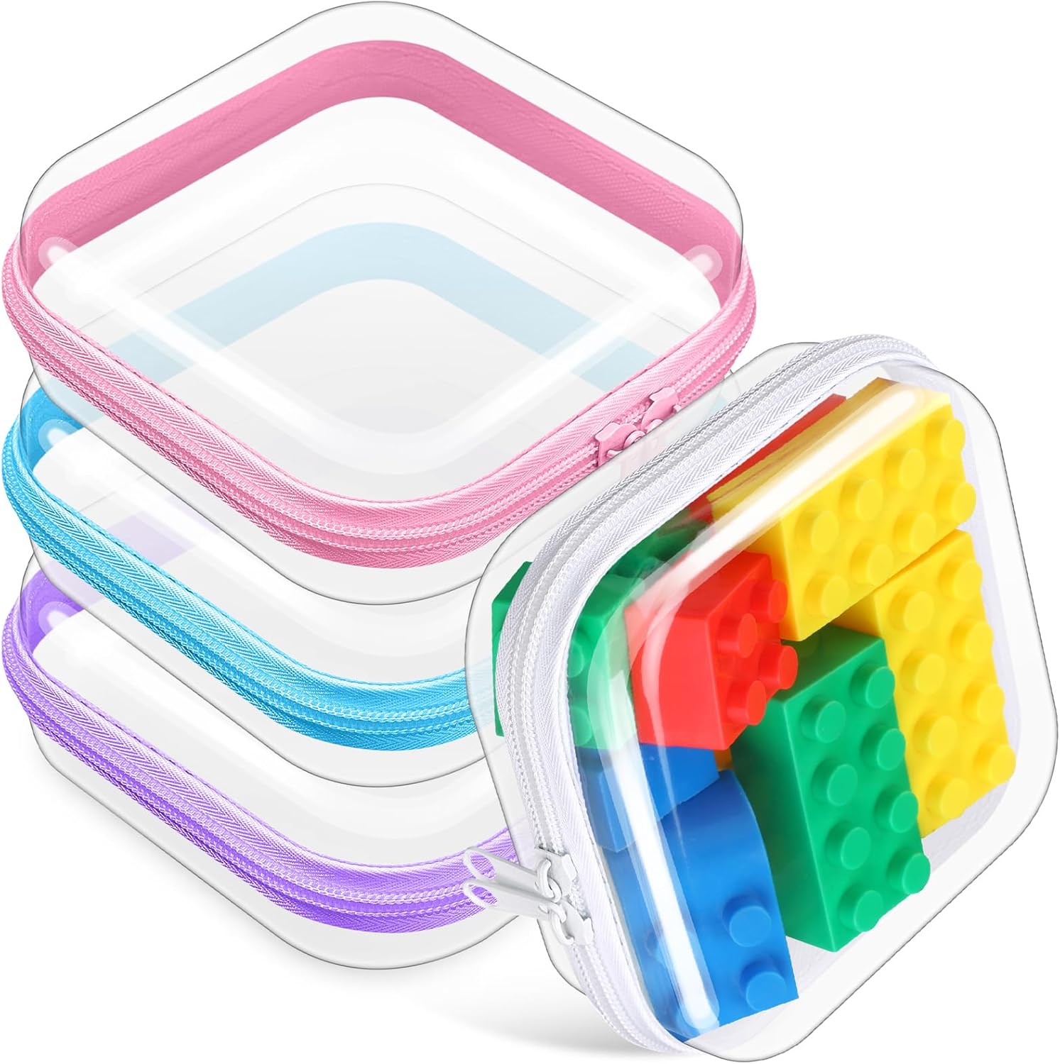Hoolerry 4 Pcs Hard Clear Zipper Case Makeup Bags Plastic Pencil Pouch Transparent Storage Box Containers for Cosmetics, Snacks, Building Blocks, Puzzles(Multicolor,5 x 5 x 2 in)