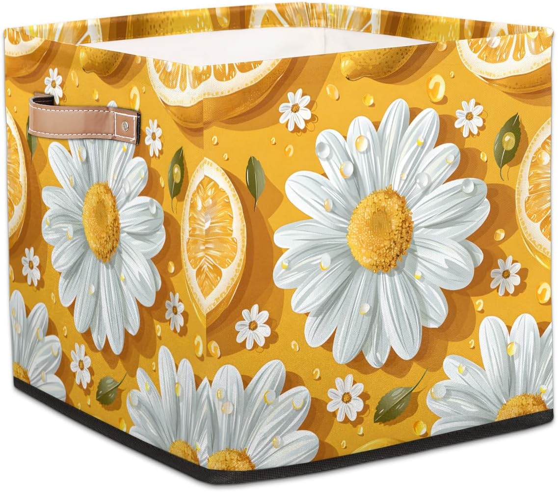 TropicalLife 13x13x13 Inch Large Fabric Storage Cube Lemon Daisy Foldable Storage Bin with Handles Organizer Boxes Cube Basket for Shelves Organizing Closet