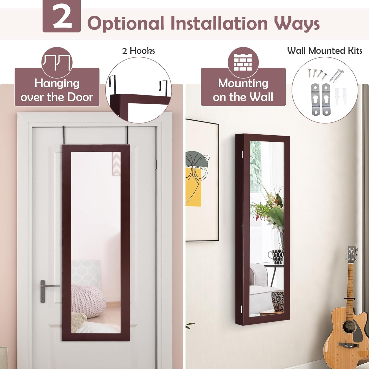 HAPPYGRILL Wall Mounted Jewelry Cabinet with Full Length Mirror, Over The Door Jewelry Organizer w/Built-in Makeup Mirror, Storage Shelves, Door Mounted Jewelry Armoire for Women, Girls (Brown)