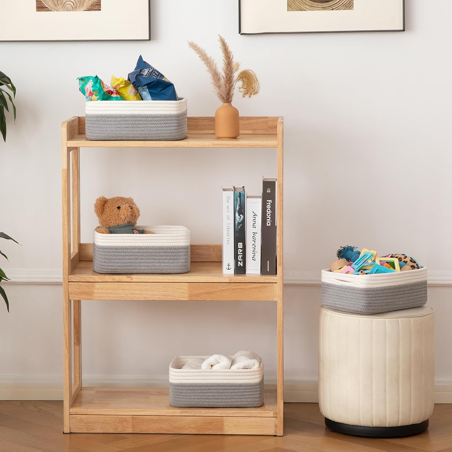 OIAHOMY 4 Pack Storage Baskets for Organizing, Small Bins for Shelves, Cute Decorative Storage Bins, Organizer Baskets for Gifts Empty, 11.8''Lx7.8''Wx4.7''H, Grey/White