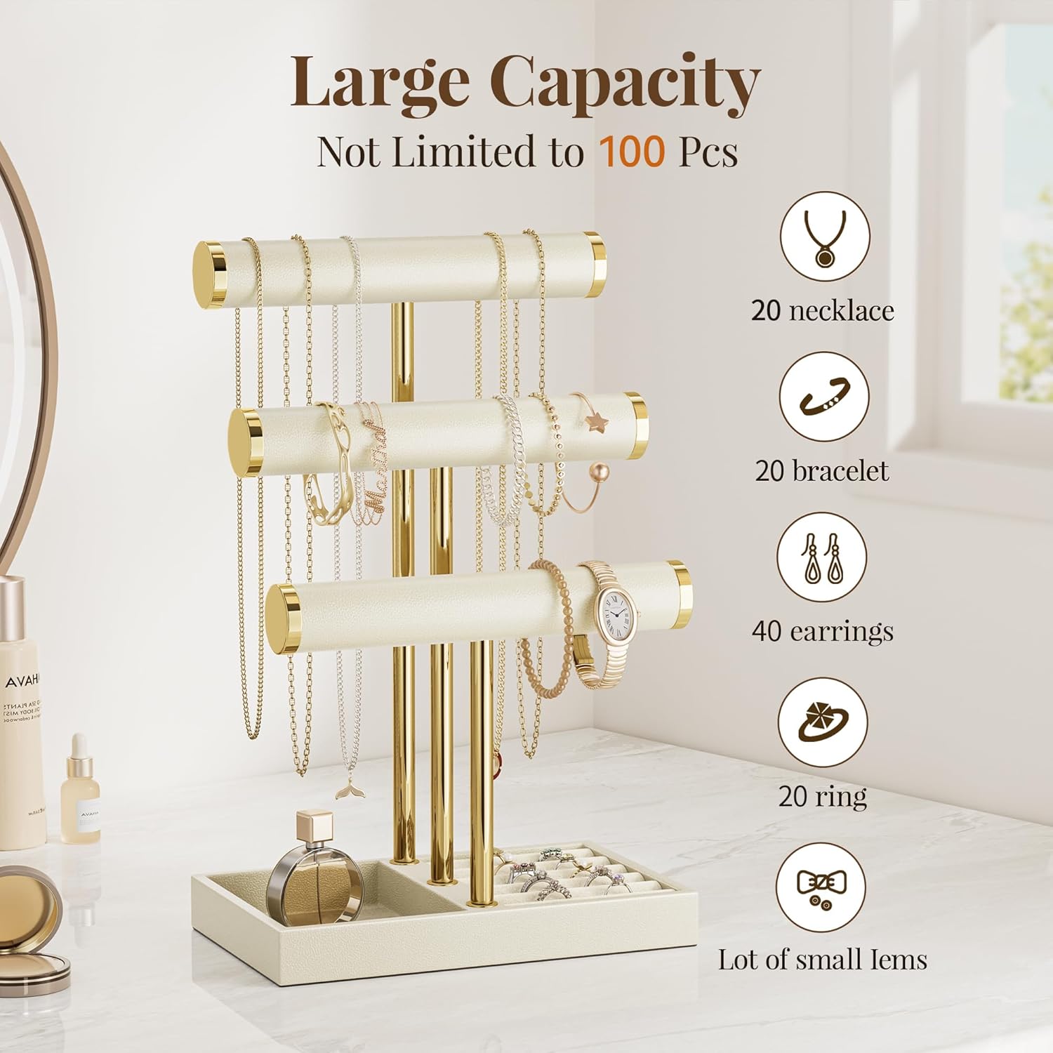 3 Tier Bracelet Holder Display - Beige Leather Bracelet Holder, Detachable T Bar Jewelry Holder Organizer for Bracelet, Necklace, Earrings, Rings, Watches, Bangle