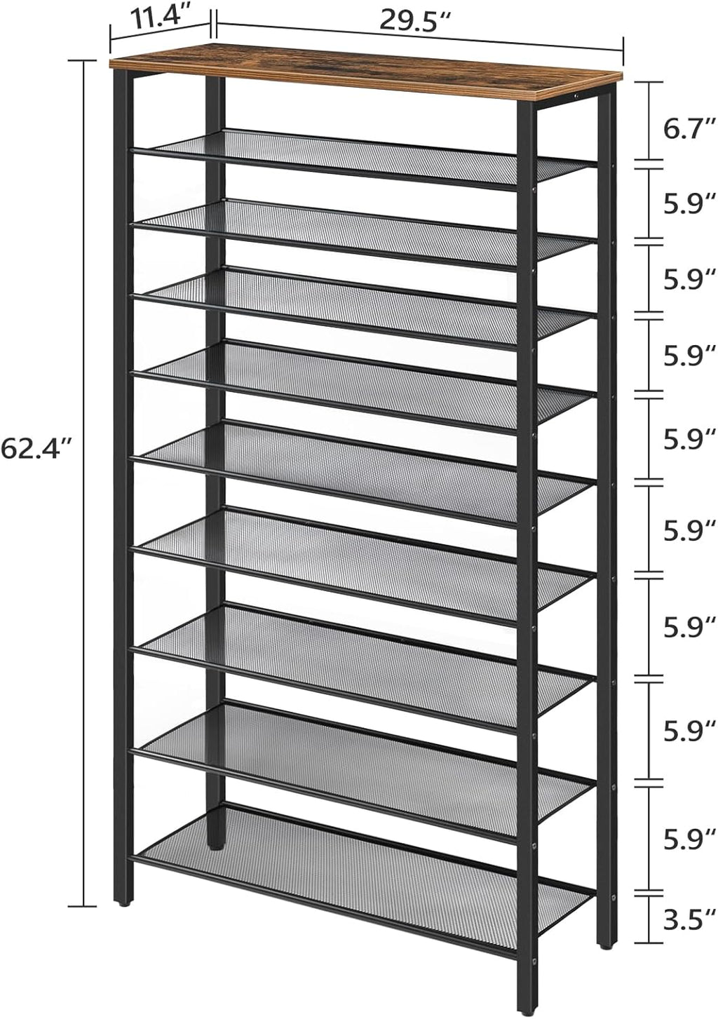 10-Tier Shoe Rack, Shoe Organizer for Entryway, Large Capacity Shoe Shelf, for 36-40 Pairs of Shoes, Stable Sturdy, Shoe Storage with 9 Metal Mesh Shelves, Rustic Brown SRHR1101Z
