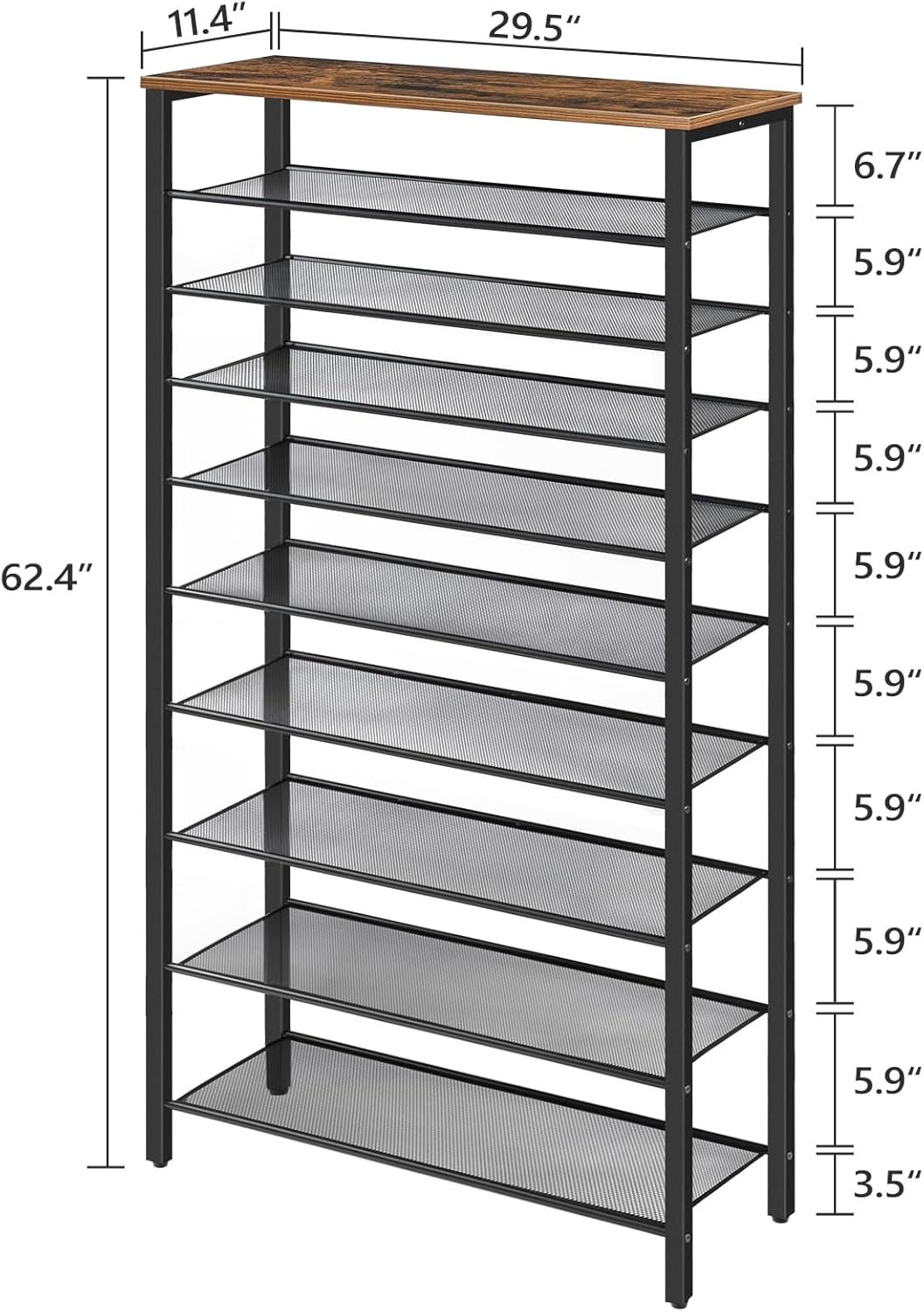 10-Tier Shoe Rack, Shoe Organizer for Entryway, Large Capacity Shoe Shelf, for 36-40 Pairs of Shoes, Stable Sturdy, Shoe Storage with 9 Metal Mesh Shelves, Rustic Brown SRHR1101Z