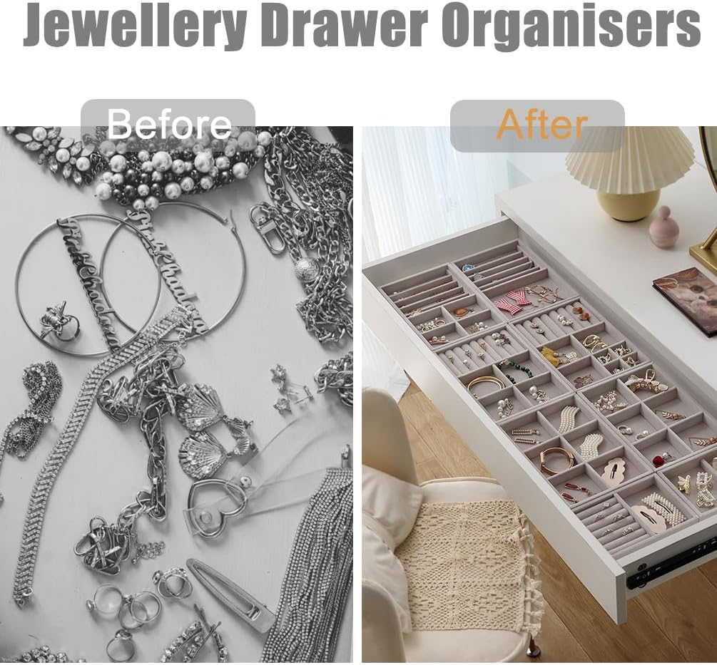10 Pack Jewelry Organizer Tray Drawer Inserts Stackable Velvet Liner Dividers Customizable Jewellery Box Foam Ring Earring Holder Necklace Bracelet Storage Display Dish Flat in Dresser Vanity