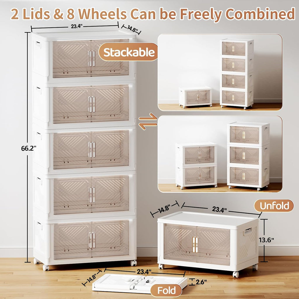 Storage Bins with Lid 76QT, Stackable Storage Containers with Wheels and Magnetic Doors, Plastic Clothes Closet Organizers and Storage Box for Home and Office (5 Pack)