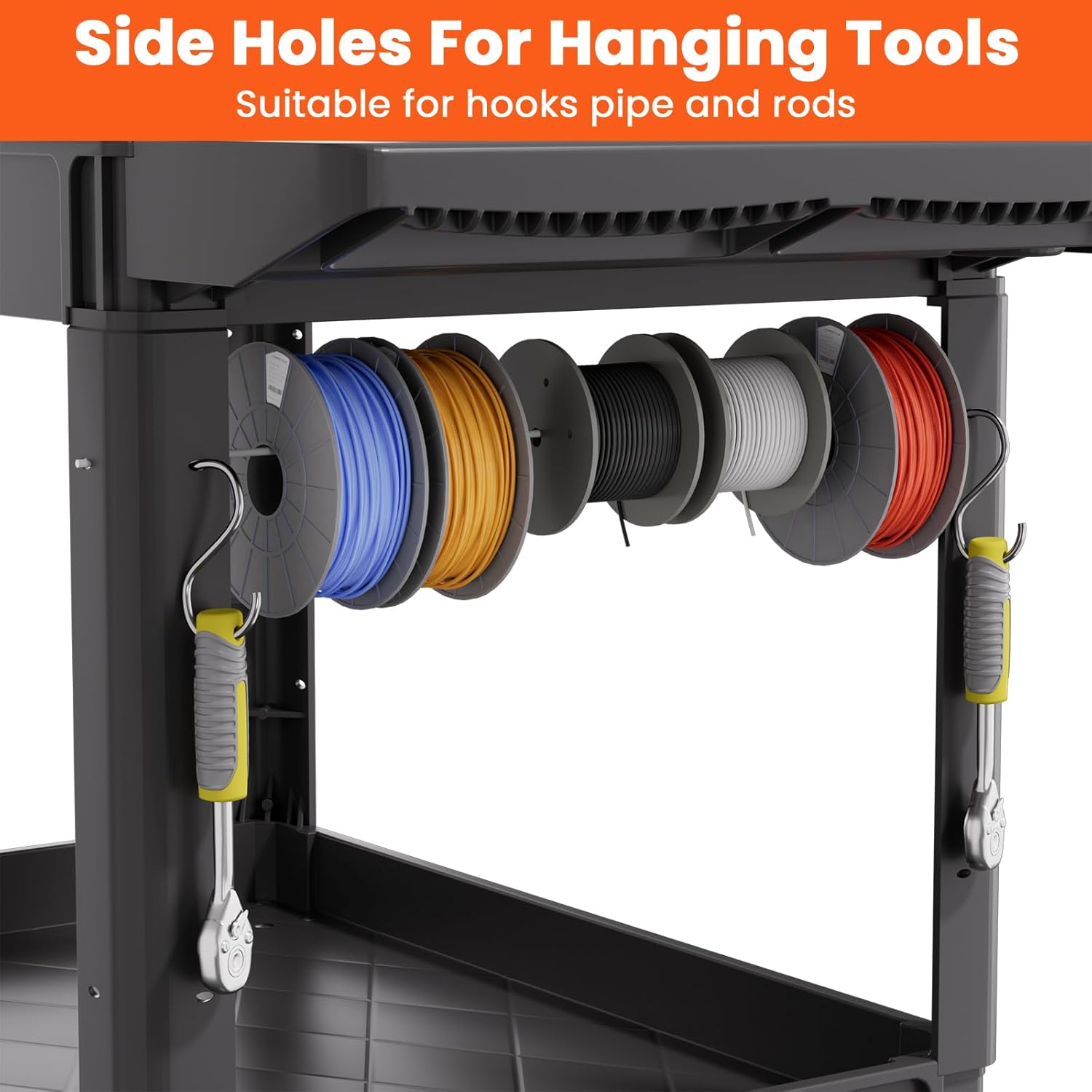 2 Tier Plastic Rolling Utility Cart on Wheels, Heavy Duty Tool Cart with Deep Shelves and 360° Swivel Wheels Holds up to 550 lbs, Service Cart for Warehouse,Garage, Cleaning (Black-L)