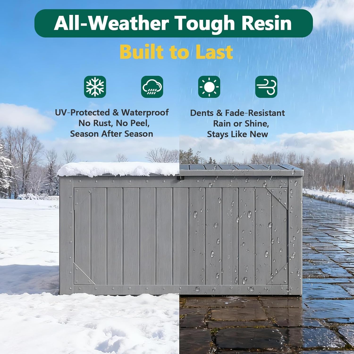 100 Gallon Outdoor Storage Box, Weatherproof Deck Box for Patio Cushions, Throw Pillows, Garden Tools, Lockable Resin Large Outdoor Storage Bench for Yard, Porch, or Balcony