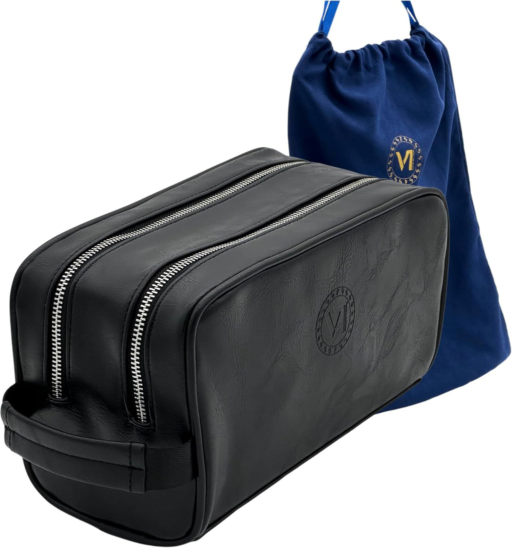 Dopp Gift Large Travel Toiletry Bag Premium Quality PU Leather Two compartments YKK Zippers Water-resistant Bottom Studs Mesh Pockets Durable Cosmetic Organizer BLACK