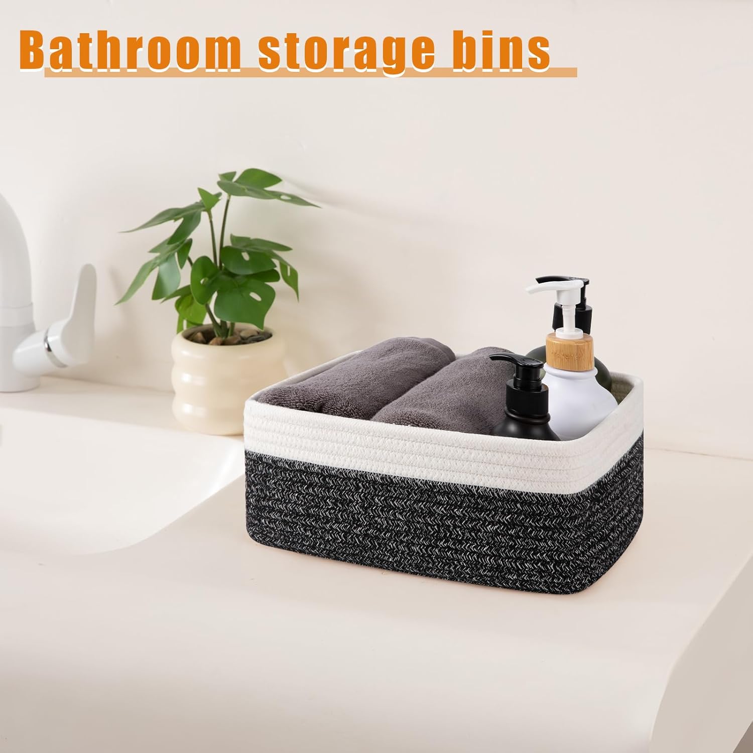 OIAHOMY 4 Pack Storage Baskets for Organizing, Small Bins for Shelves, Cute Decorative Storage Bins, Organizer Baskets for Gifts Empty, 11.8''Lx7.8''Wx4.7''H, Black/White