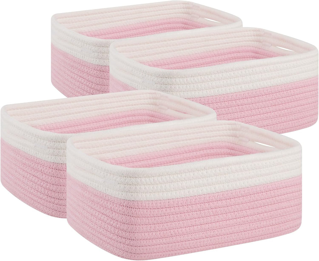 OIAHOMY 4 Pack Storage Baskets for Organizing, Small Bins for Shelves, Cute Decorative Storage Bins, Organizer Baskets for Gifts Empty, 13.8''Lx9.8''Wx5.5''H, Pink/White