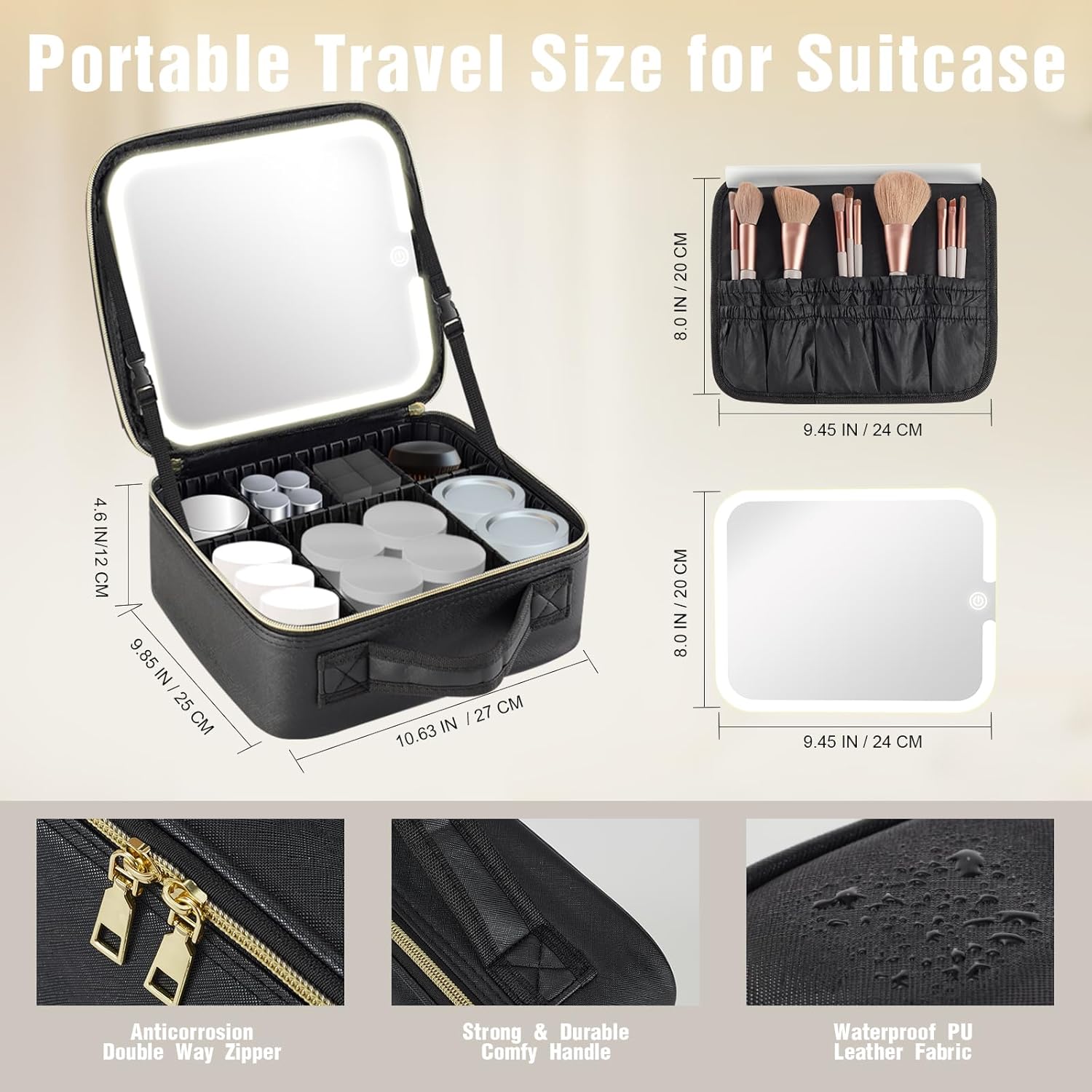 Makeup Bag with Removable Lighted Mirror, Travel Make up Bag with Lights Portable Makeup Case Organizer with Mirror 360° Adjustable Angle, Partitionable Cosmetic Bag Accessories Makeup Train Case Gift