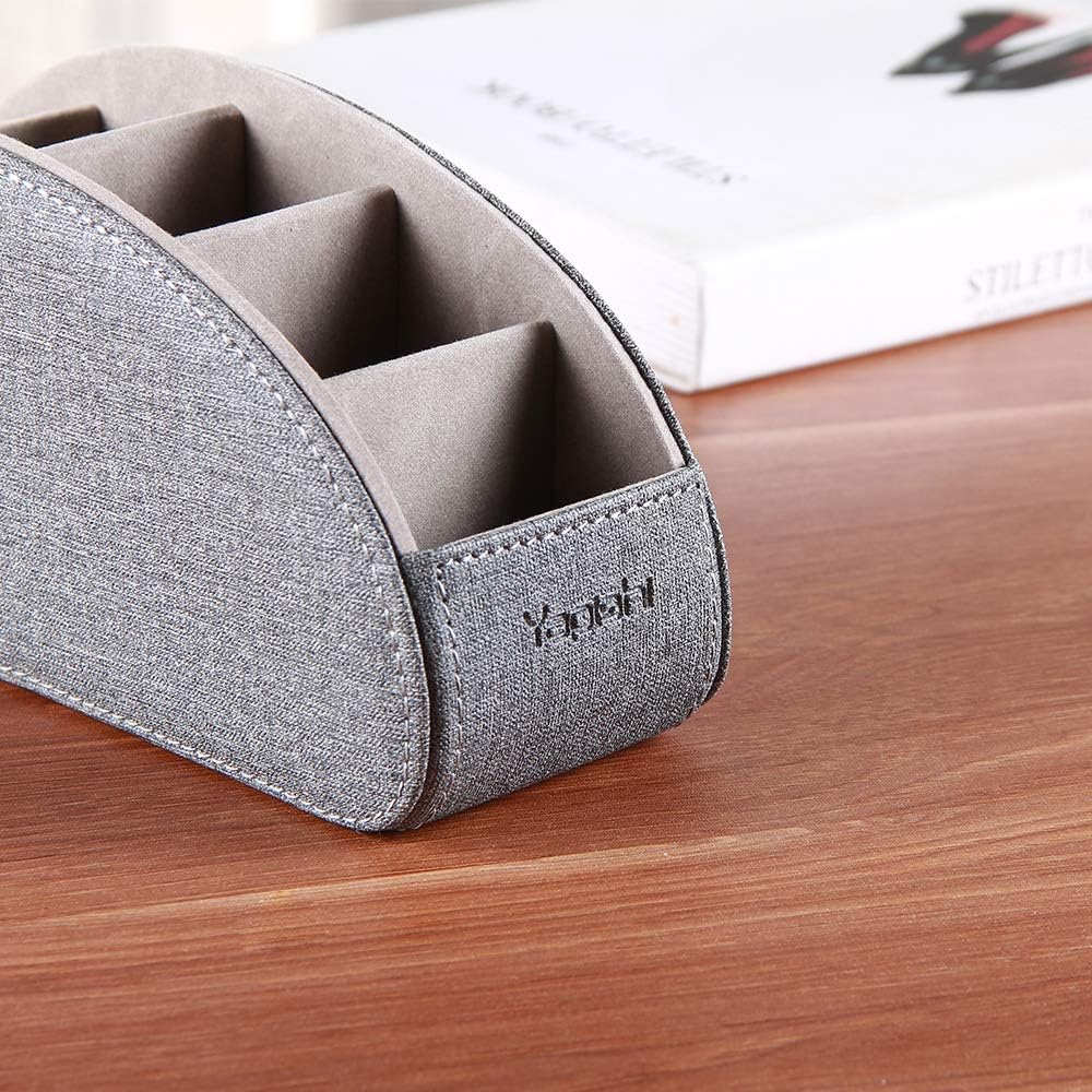 TV Remote Control Holder with 5 Compartments,Pu Leather Remote Caddy/Box/Tray Nightstand Desktop Storage Organizer Store DVD,Blu-Ray,Media Player,Heater Controllers and Makeup Office Supplies Grey