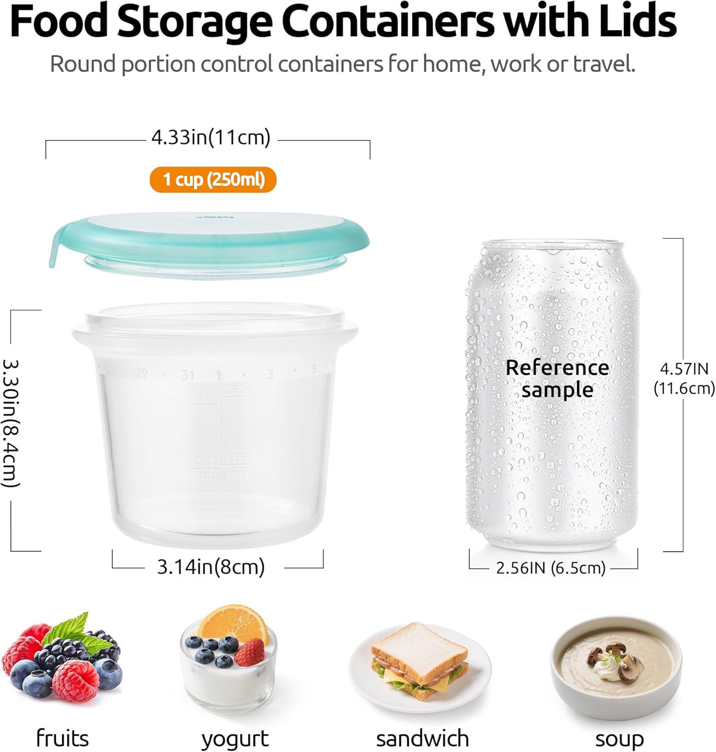 U-Taste 1 Cup Silicone Food Container: Small Kitchen Storage with Airtight Lid, Freezer & Microwave Safe, Fruit Box with Date Marking Circle, Clear Stackable for Meal Prep Portion (Set of 2, Aqua Sky)