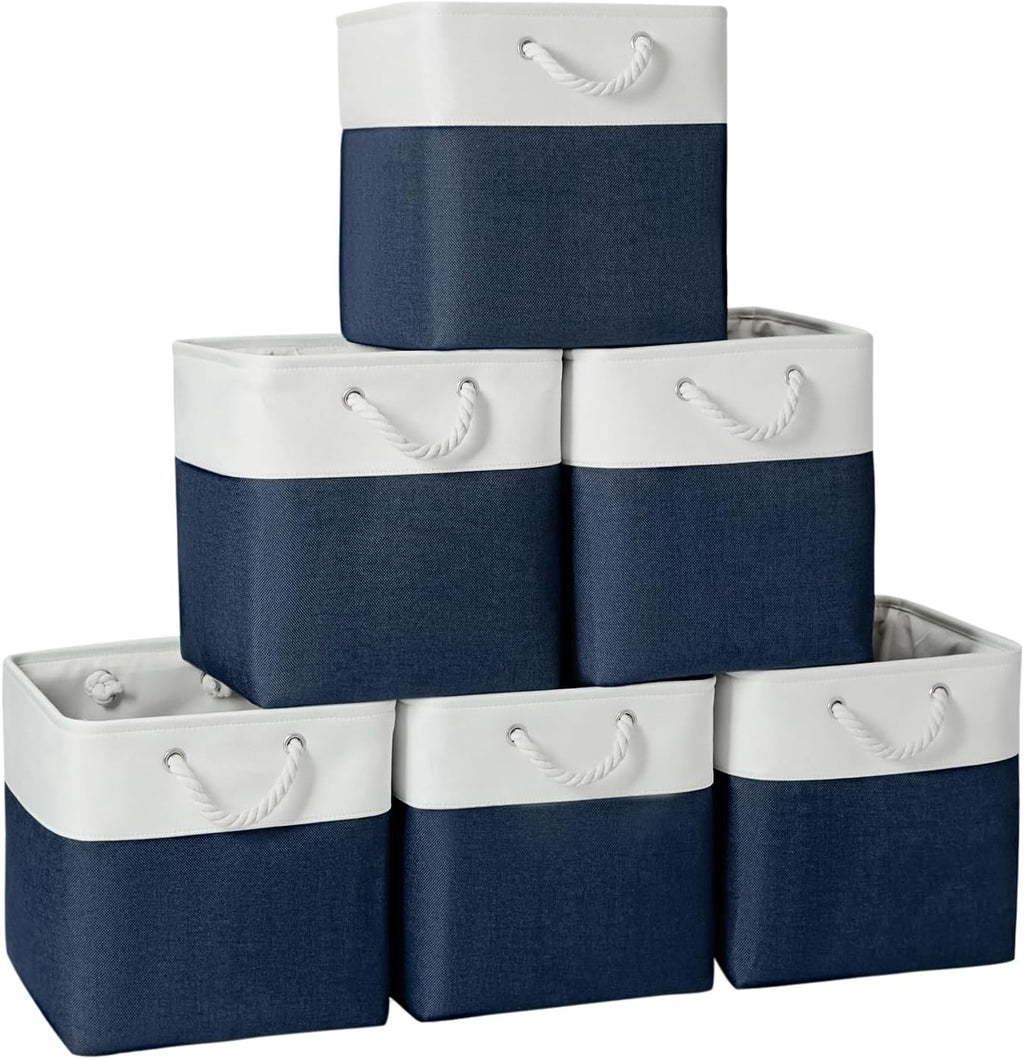 Fabric Storage Cubes, 11 inch cube storage bin with Handles, 11x11cube storage organizer bins, Collapsible Storage Bins for Shelves and Home, Cubby Storage Bins (white-navy, 10.5x10.5x11in)