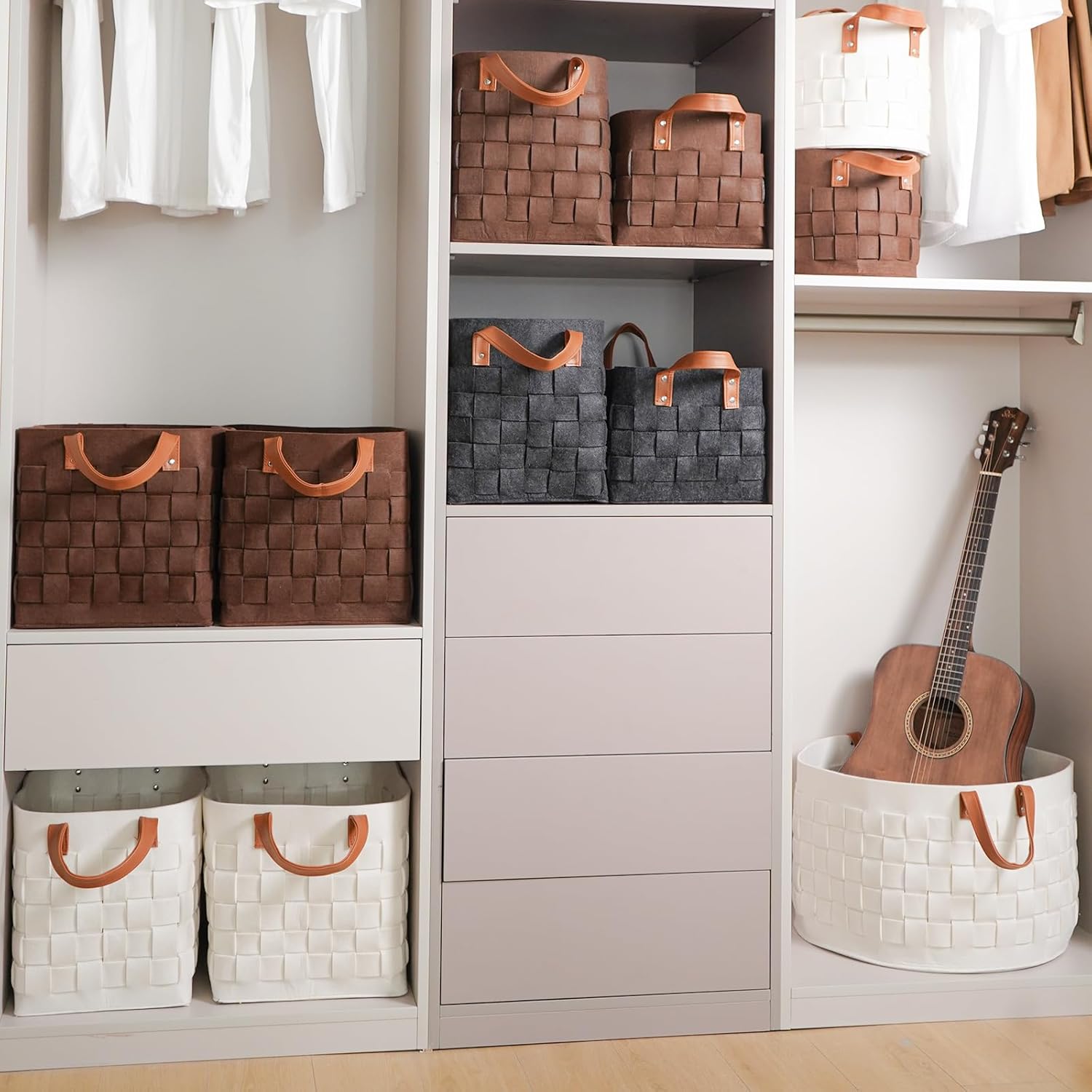 boldmonkey Laundry Basket 16.5 " x13 x13 , Large Rectangular Felt Fabric Blanket Basket with Leather Handle, Dirt Clothes Laundry Hamper for Babies, Dogs and Living Room-Brown