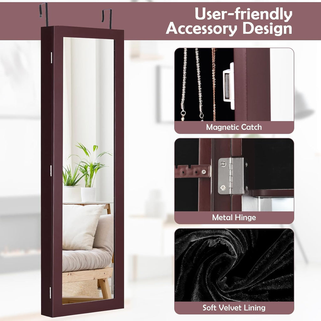 HAPPYGRILL Wall Mounted Jewelry Cabinet with Full Length Mirror, Over The Door Jewelry Organizer w/Built-in Makeup Mirror, Storage Shelves, Door Mounted Jewelry Armoire for Women, Girls (Brown)