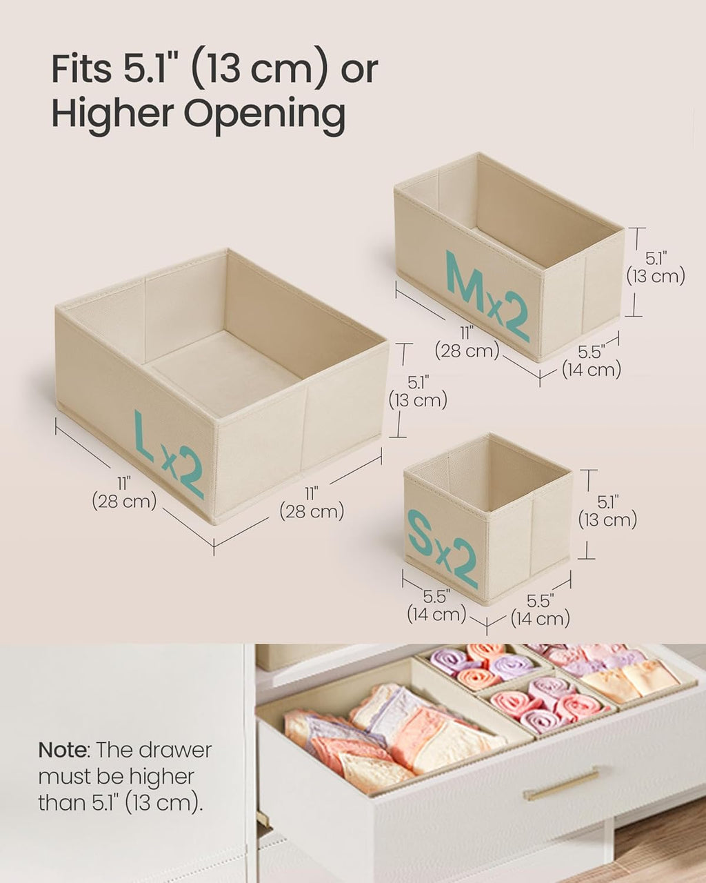 SONGMICS Drawer Organizer, Dresser Drawer Organizers, Set of 6, Foldable Fabric Storage Bins for Socks, Underwear, Bras, Ties, Scarves, Surmmer Sand URDZ006Y01