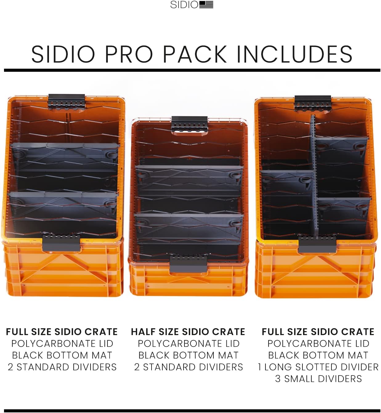 SIDIO Crate Pro Pack - 2 Full-Size & 1 Half-Size Heavy Duty Stackable Storage Bins, Totes and Containers with Lids and Dividers - Durable Plastic Organizer for Home, Office, Garage, and Outdoor Use