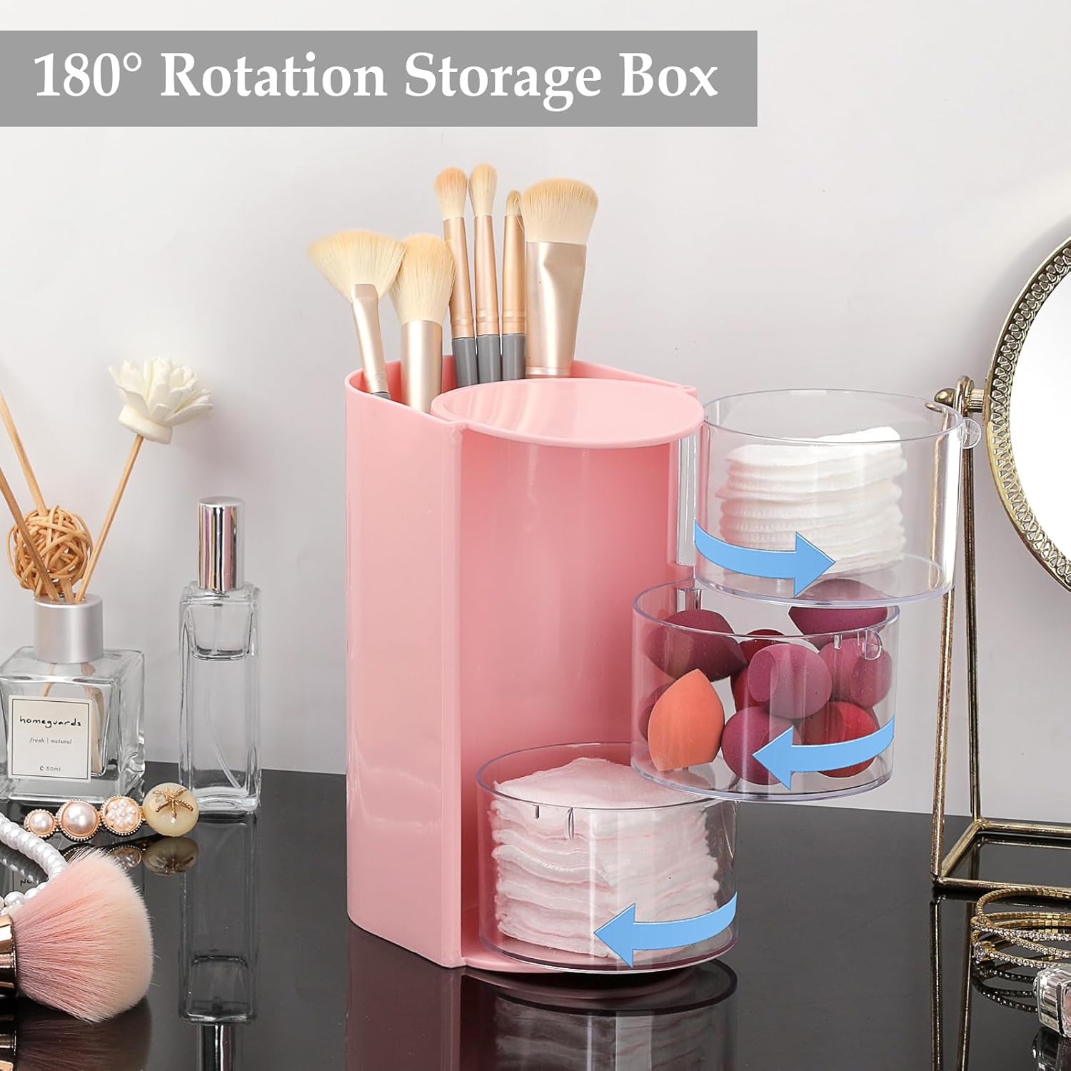 Hair Accessories Organizer with Hair Brush Holder Spinning Cosmetic Storage Case for Makeup Sponge Plastic Desktop Organizer, 3-Layer Pink