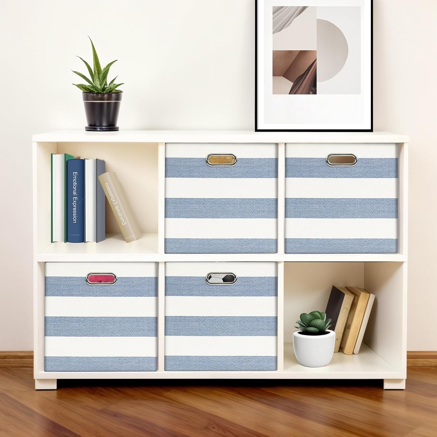Foldable Cube Storage Bin Organizing Baskets Cubby Boxes Fabric Storage Cubes Organizer Bins with Handles for Organization Shelf Closet, 13"x13"x13", Pack of 4, Blue/White Stripe