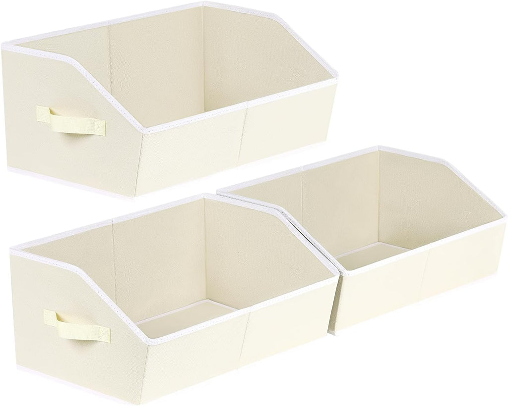 Trapezoid Closet Shelf Organizer - Large Baskets for Organizing, Fabric Storage Box for Shelves, Cube Storage Bins for Clothes, Books, Blankets, 3 Pack, Beige