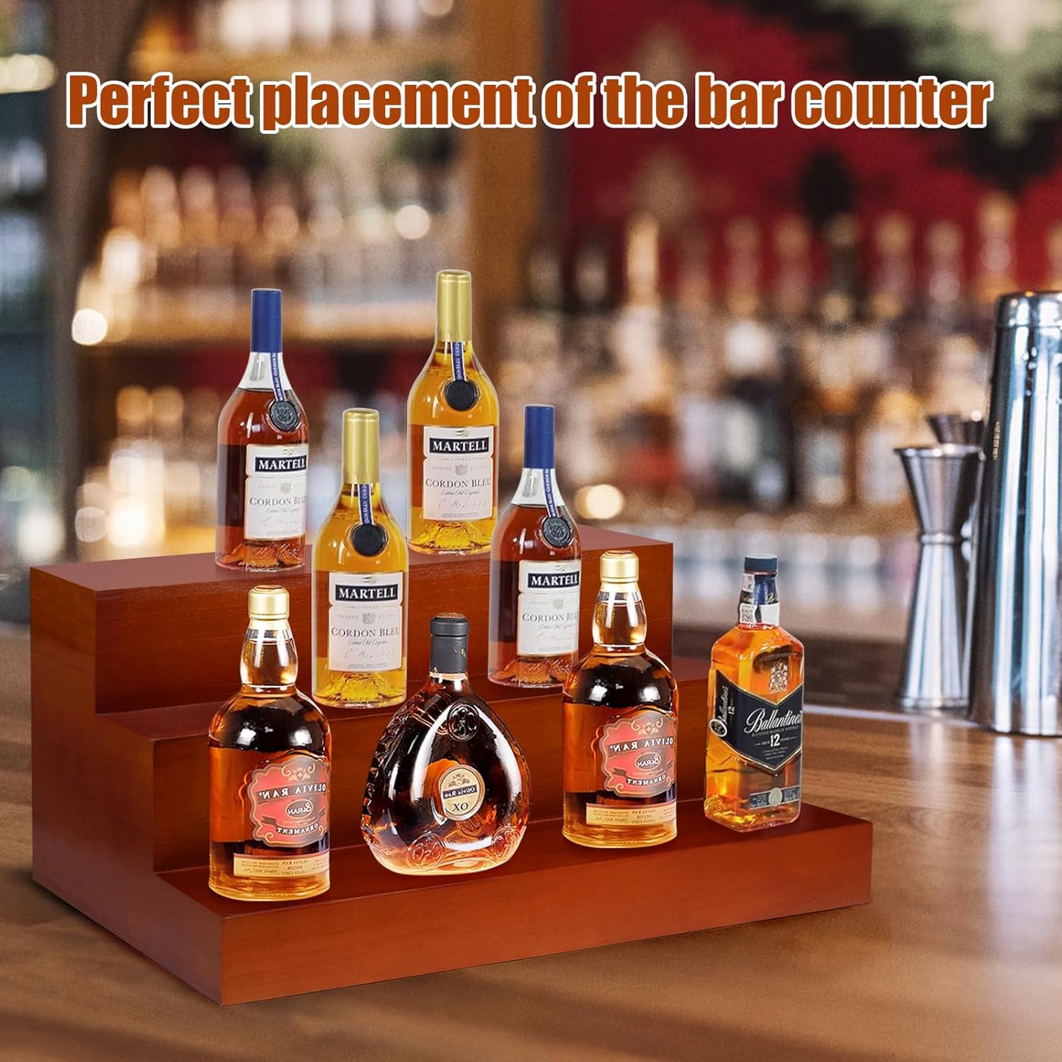 Liquor Bar Bottle Display Shelf, 3 Tier Solid Wood Liquor Bottle Stand, Bar Liquor Shelves for Home, Bar, Kitchen
