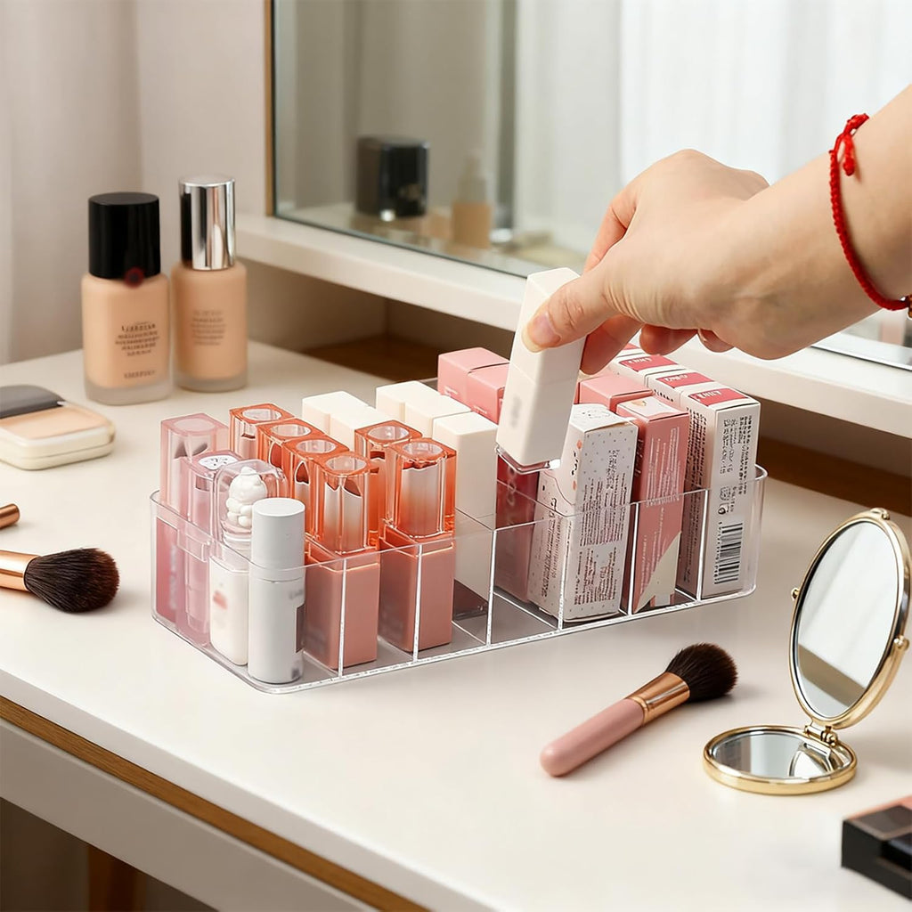 2 Pack Clear Acrylic Makeup Organizers, 7-Section Bathroom Organizer for Drawer, Cosmetic Display Cases, Blushes Highlighters Eyeshadow Powder Makeup Organizer Holder Storage