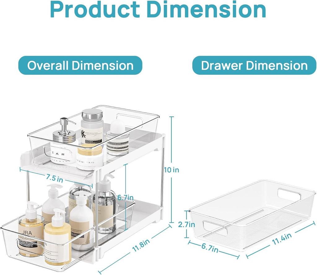 Vtopmart 8 Pack Bathroom Organizer, 2 Tier Clear Under Sink Organizers Vanity Countertop Storage Container,Cabinet Drawers Bins, Pull-Out Organization with Track for Pantry, Kitchen